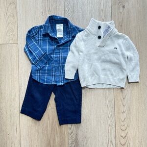 Calvin Klein Blue Plaid Shirt and Cream Sweater Set